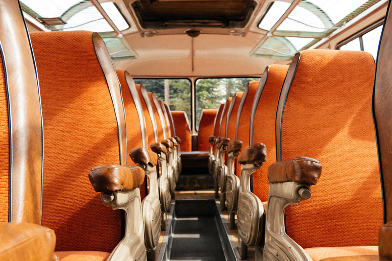 Inside charter buses